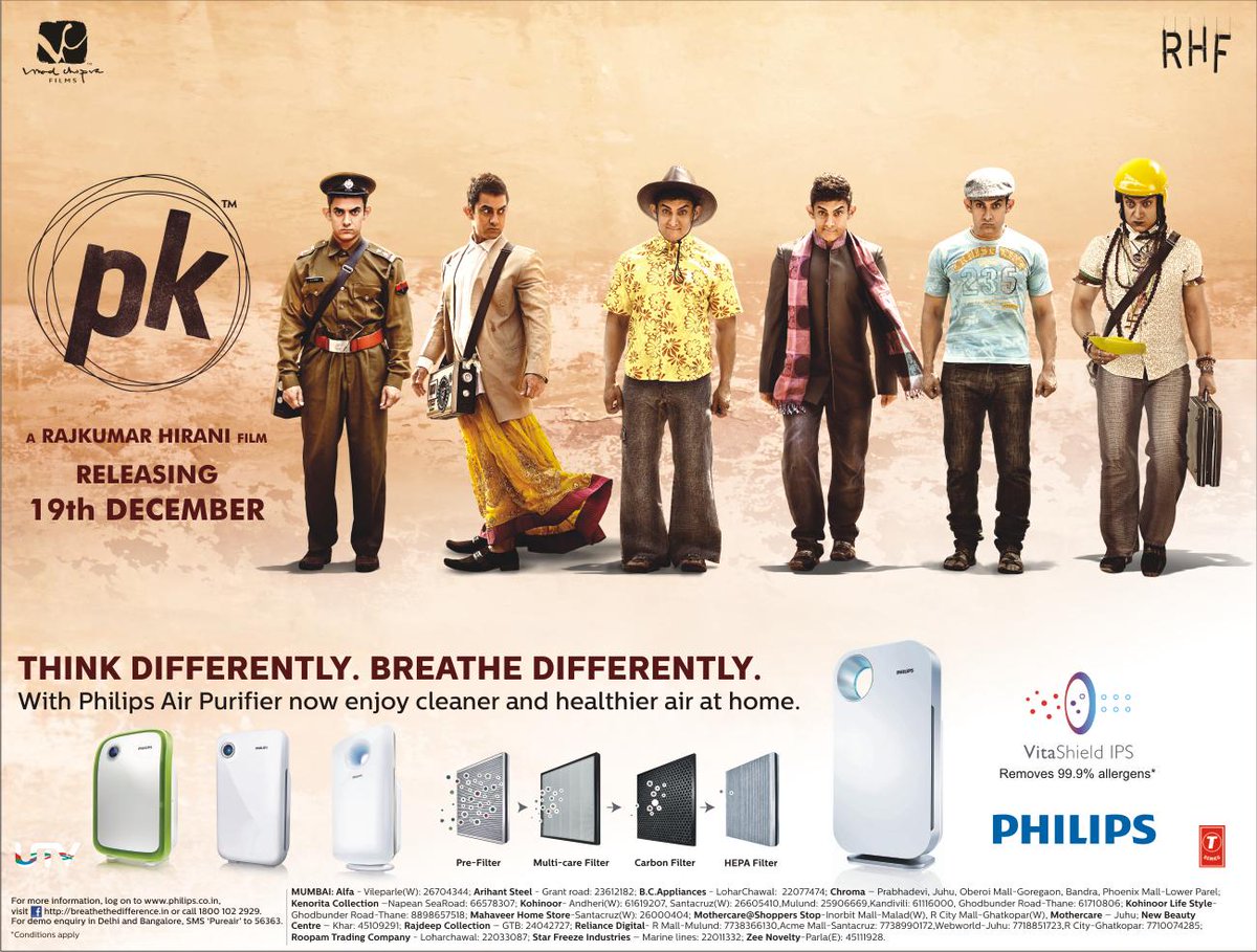 PhilipsHomeIN's tweet photo. #ThinkDifferent #BreatheDifferent with @PhilipsHomeIN. Tell us why 
#PKisDifferent &amp; win couple movie tickets for PK! http://t.co/f15Hp0UAe2