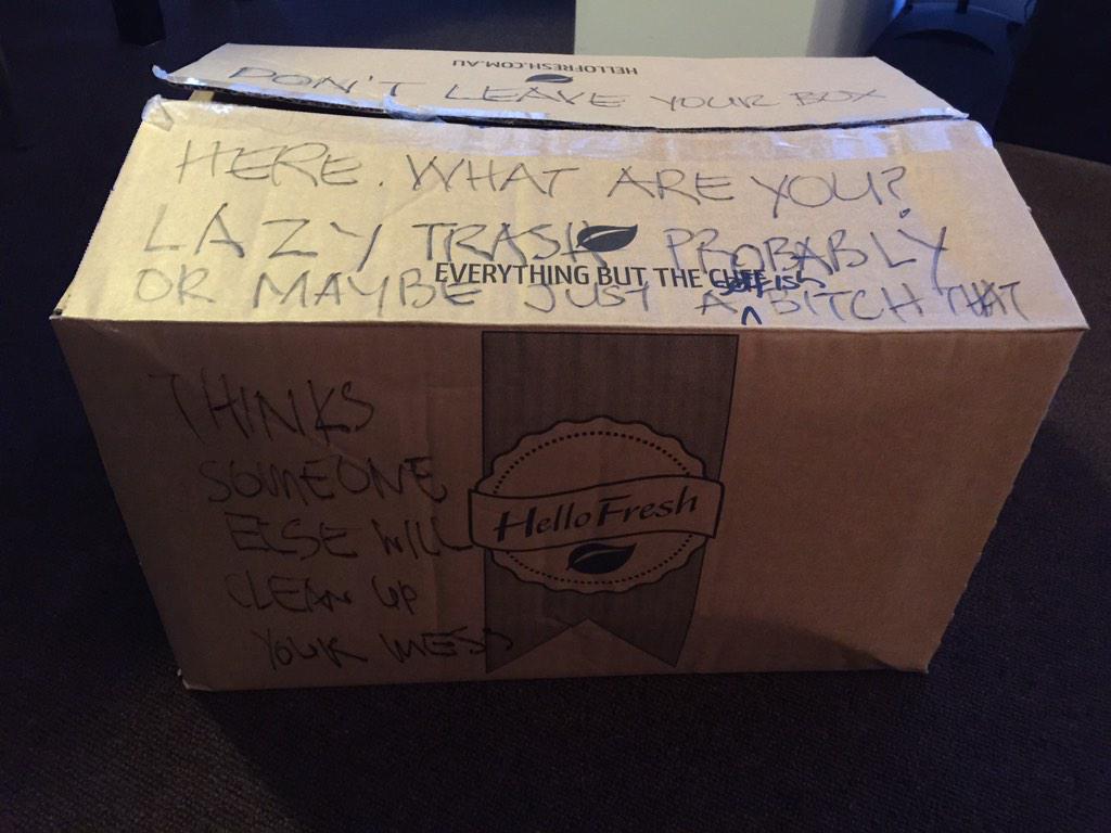 raefa's tweet photo. @HelloFreshAU not your fault we have rude neighbours but see the note left because the driver didn't collect the box! http://t.co/9L7Myi279Q