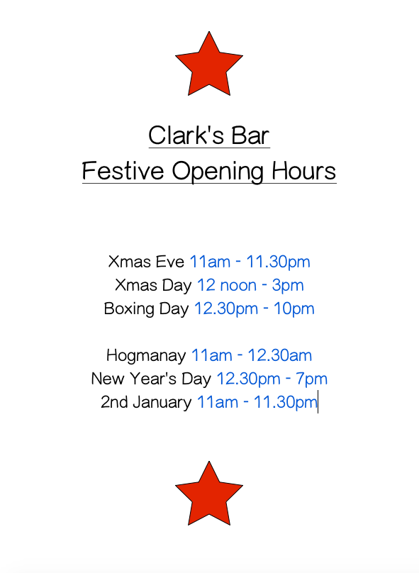 Our opening hours over the festive period. Join us on Xmas Day or to see in the Bells. Otherwise we're open as usual