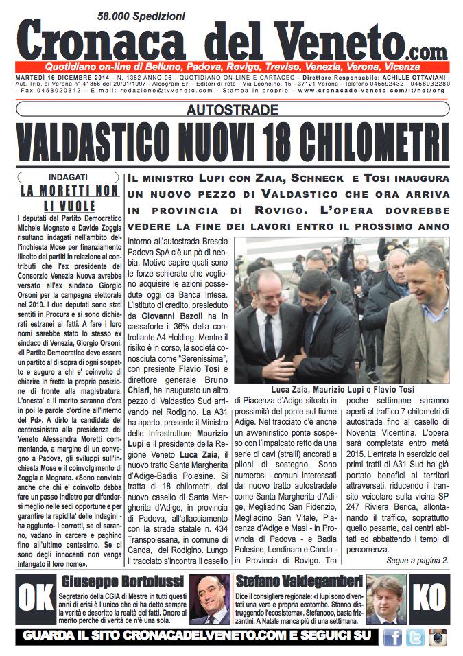 #online la nostra #primapagina odierna di <a href="/CronacadelVenet/">Cronaca del Veneto</a> bit.ly/1uSatul #buonalettura buon martedì a tutti