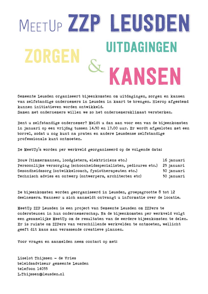 RTgemLeusden's tweet photo. Bent u ZZPer in Leusden? Meldt u dan aan voor een van de nieuwe MeetUps in januari. http://t.co/7F9ydxFJk9