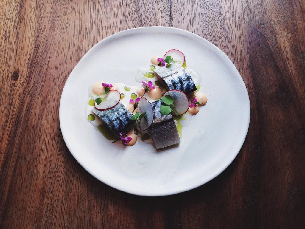 twelvetenph's tweet photo. Something to look forward to: mackerel ceviche, sriracha, coconut, coriander oil, radish. #twelvetenph http://t.co/acluBWiAxj