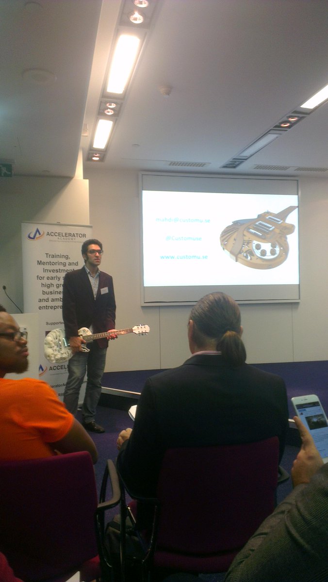 Customuse's tweet image. Mahdi pitching #3dprinted #guitar at the accelerator academy event! @SiriusProgramme