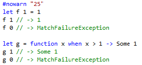 ptrelford's tweet photo. @SeanNewham you can get part of the way to Scala partial functions http://t.co/tbHVimamgi in F# with #nowarn "25" on http://t.co/TTaqBEeLjv