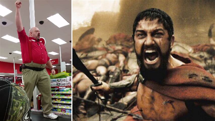 TODAYshow's tweet photo. 'This is Target!' 

Manager gives #BlackFriday workers a pep talk worthy of Sparta http://t.co/vK5RjE7jKi http://t.co/Ti0vP0f6lN