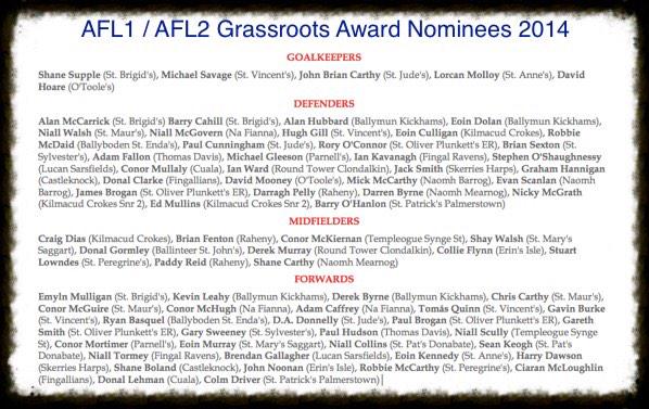 DubMatchTracker's tweet photo. Attached are the #AFL 1 &amp; 2 @GrassrootsGaa / @SunSportGAA Award Nominees for Saturdays Awards in #CFJs. Arrive @ 8pm http://t.co/zIoo30dVJe