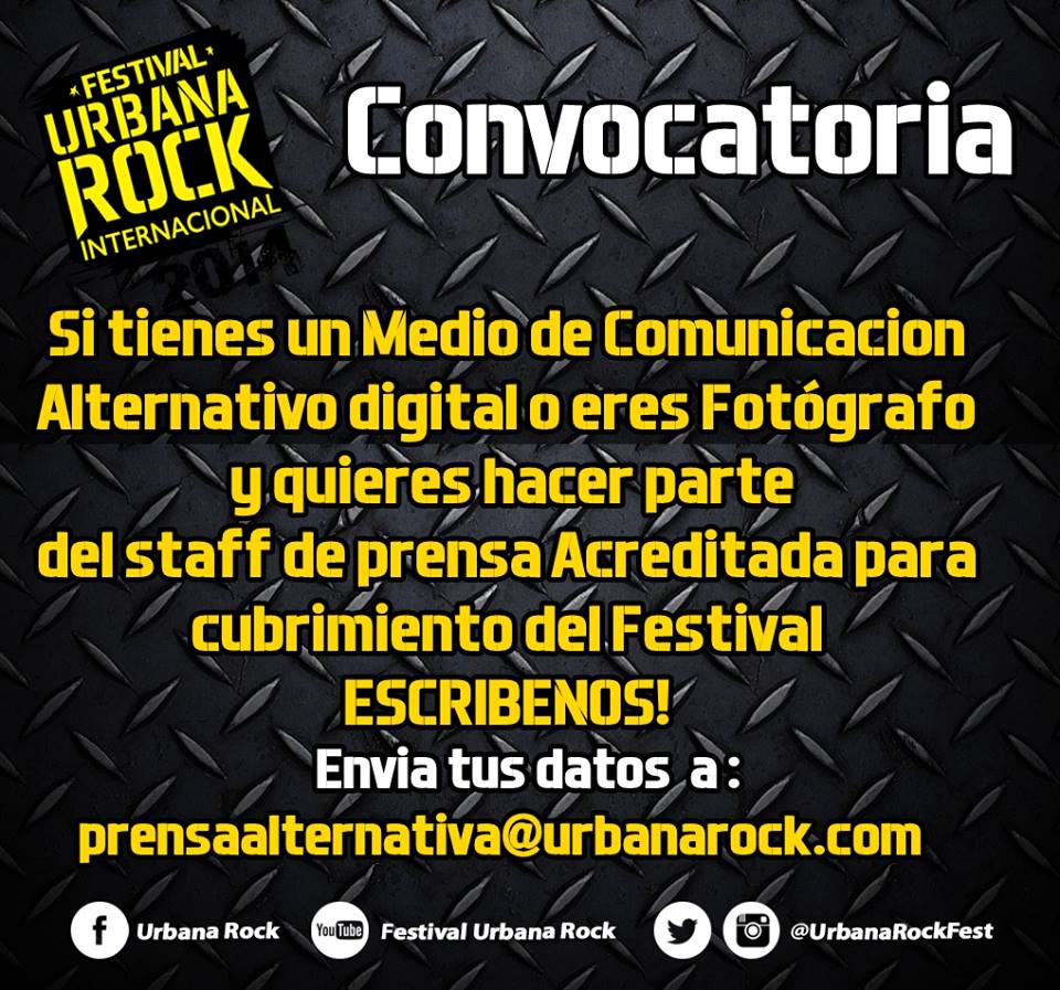 Emal: Prensaalternativa@urbanarock.com
Envia tus datos personales no olvides mencionar un poco de tu proyecto!