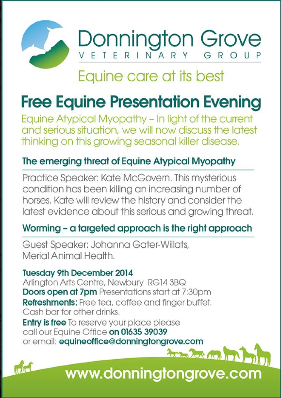 NewburyVets's tweet photo. @VisitNewbury Free Equine evening on worming practice/Equine Atypical Myopathy on Dec 9th -reserve a seat! Please RT! http://t.co/VniKwJalTP