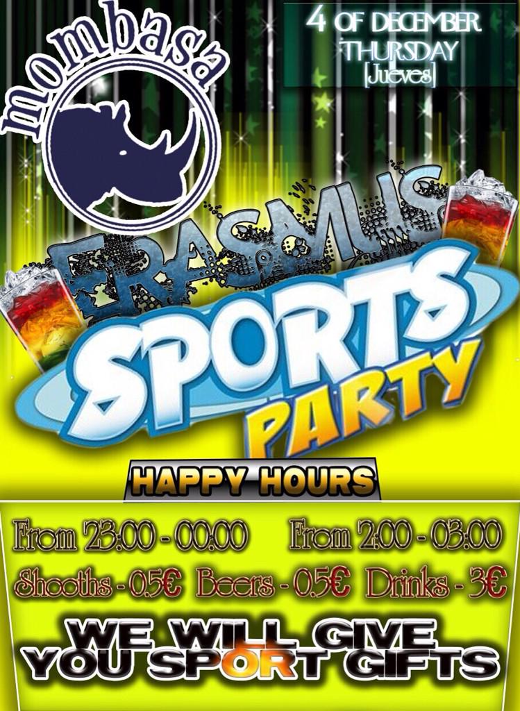 HuelvaMombasa's tweet photo. JUEVES 4 DE DIC - ERASMUS SPORT PARTY

Un Jueves más preparamos algo nuevo y jamás visto

RT, regalamos una botella🎾🎯 http://t.co/waY3BTpHpC