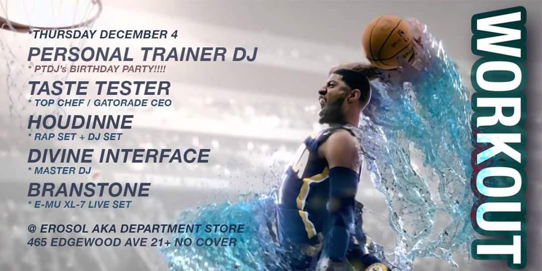 Tonight #TCSWorkout @ Erosol !

<a href="/PRSNLTRNRDJ/">ptdj</a> (bday!)
@tastetesterATL 
@rastaflatts 
<a href="/imdrew/">Divine Interface</a>
@Buddy_Branson