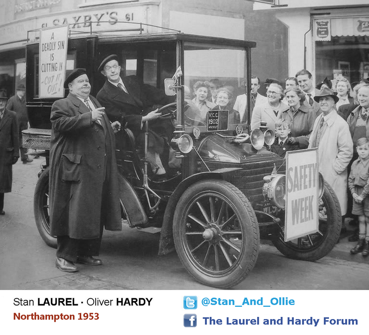 Stan_And_Ollie's tweet photo. #LaurelAndHardy in Northampton Oct 1953. #CarSafetyWeek https://t.co/obxbCxk6mn
