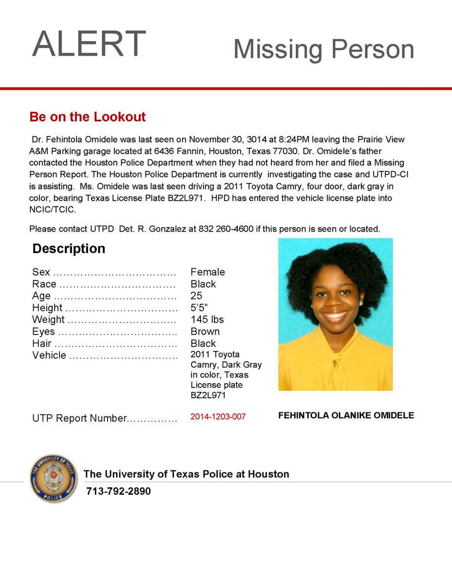 UTPoliceHouston's tweet photo. Please review this missing person alert bulletin to help HPD and UTPD find a missing UTHealth doctor. #FindFT http://t.co/hPrXnrmPuW
