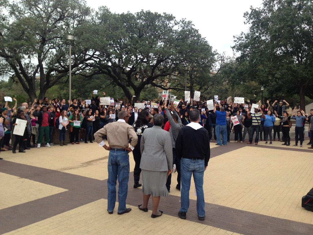 NAACP's tweet photo. MT @NAACPConnect An @NAACP-organized #walkoutforjustice protest at @TAMU Rudder Plaza via @theeagle http://t.co/YB1e74JuDR