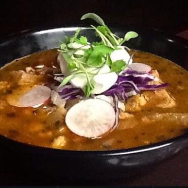 BluePoblano's tweet image. Posole! Braised pork and hominy in a red chile broth. Garnished with crema, radish, and micro cilantro.