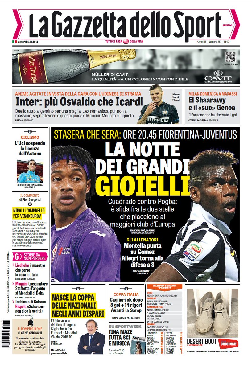 Portada de La Gazzetta dello Sport del 5 de Diciembre de 2014