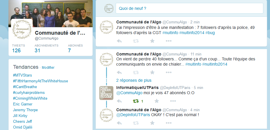 CommuAlgo's tweet photo. Quand on est co on ne voit que 7 followers, sans être co on en voit que 3, mais nos followers en voit 50... #nuitinfo http://t.co/ZsgzqQgU1i