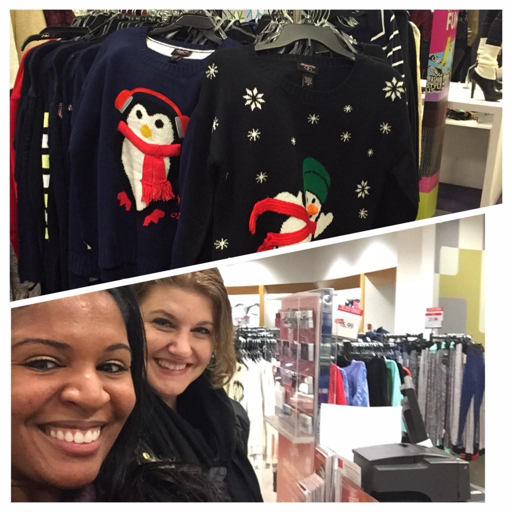 Kimberly4Target's tweet photo. Out Shopping for Ugly Christmas Sweaters🎅🎄🎅 Which one will we choose? #worktogetherday @Simone4Target http://t.co/AfvjvVRDXH