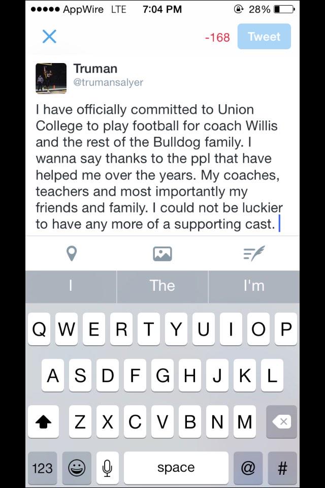 CoachBroschardt's tweet photo. Great Day for Union football! Welcome to the Bulldog family @trumansalyer !!! #UC #Footballcommit http://t.co/DgeXQgqQWJ