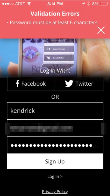 Pretty sure my 30 character password meets the 6 character minimum, @nextglass. 😐 http://t.co/XRBWko<a href="/tag/ux"class="tags"><span>#ux</span></a><a href="/tag/userexperience"class="tags"><span>#userexperience</span></a>