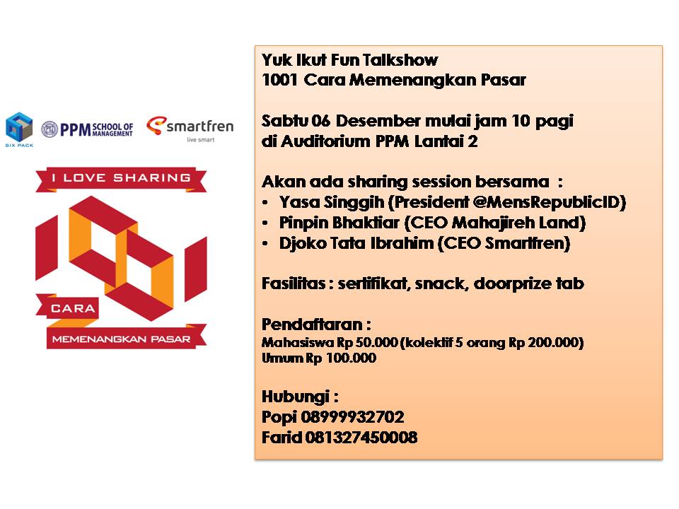 6packppm's tweet photo. Mau tahu kunci sukses berbisnis @YasaSinggih, Pinpin B &amp; Djoko Tata Ibrahim - CEO @smartfrenworld ? Yuk, daftar :) http://t.co/GGiObvVjZq