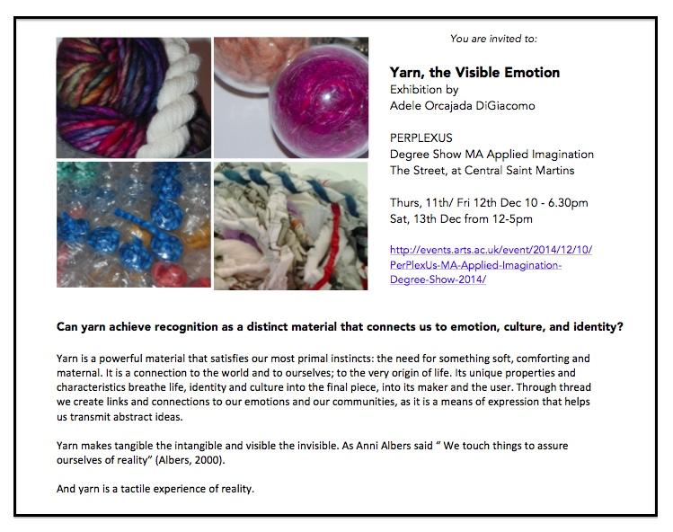 materiadelita's tweet photo. #Yarnthevisibleemotion. #Perplexus Exhibition next week @CSM_news . See you there! http://t.co/EqnM6f4DUV