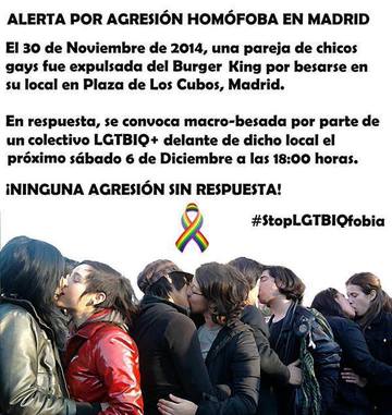 AntifaCiempo's tweet photo. Mañana a las 18h macro-besada frente al Burguer King de la Plaza de los Cubos en #Madrid 
#StopLGTBIQfobia http://t.co/le978co52b