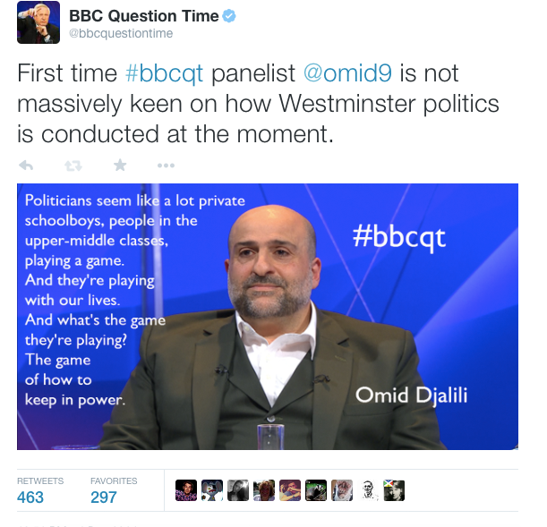 bbcquestiontime's tweet photo. Our most retweeted comment was @omid9 on Westminster politics. Catch up on iplayer: http://t.co/hcv3LuZ0hq #bbcqt http://t.co/pQYPOf6bHa