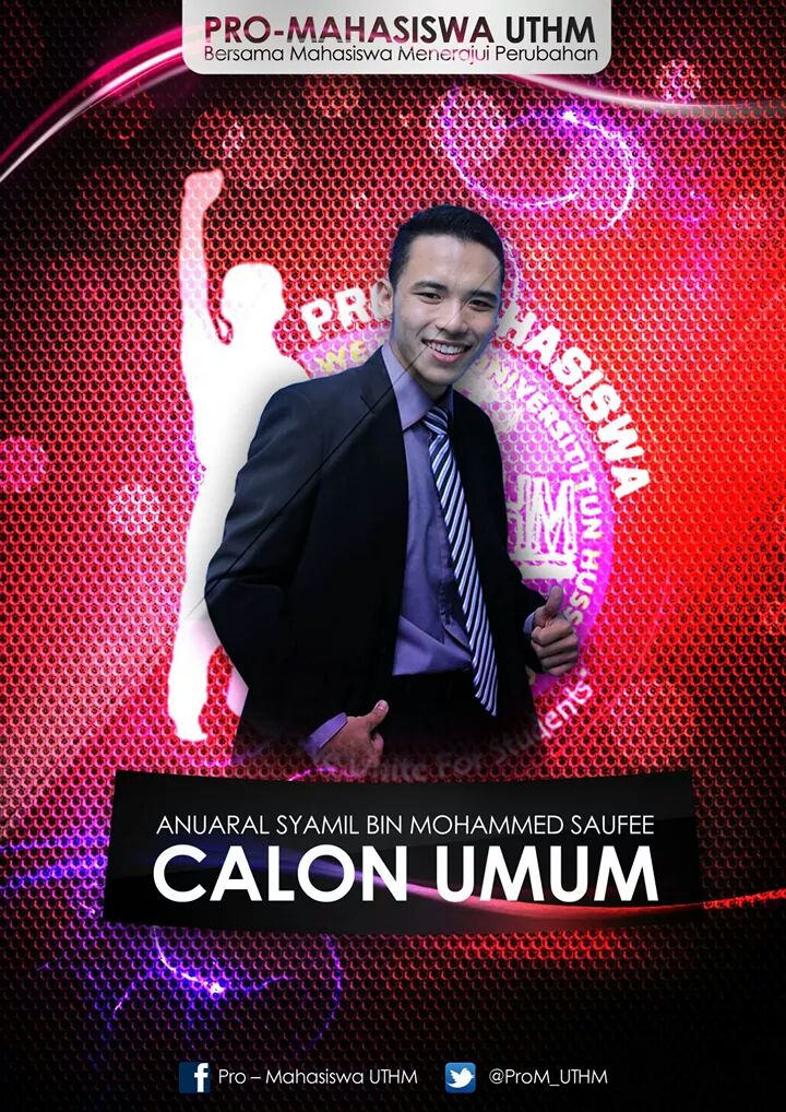 ProM_UTHM's tweet photo. Calon #ProM_UTHM utk kerusi umum
ANUARUL SYAMIL BIN MOHAMMED SAUFEE
#Vote4Syamil
#Syamil4MPP http://t.co/2y9j60FUcm