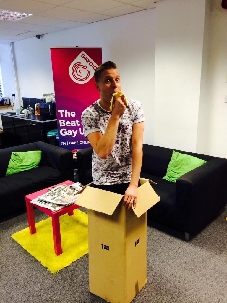 emmagoswell's tweet photo. I wouldn't say we were giddy because it's Friday- but I've just put @theholliday in a box @gaydio #suchlarks http://t.co/1lOlZGxhRB