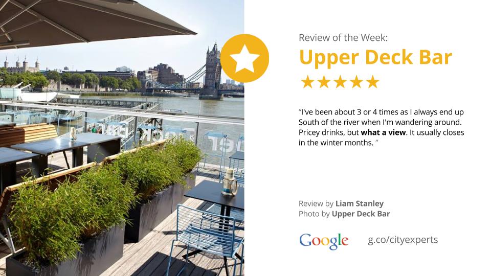 GoogleLocalLDN's tweet photo. We like this unique #LondonwithaView review from @Liamss of the Upper Deck Bar on a boat. Incredible views... http://t.co/vXdyix0LiB