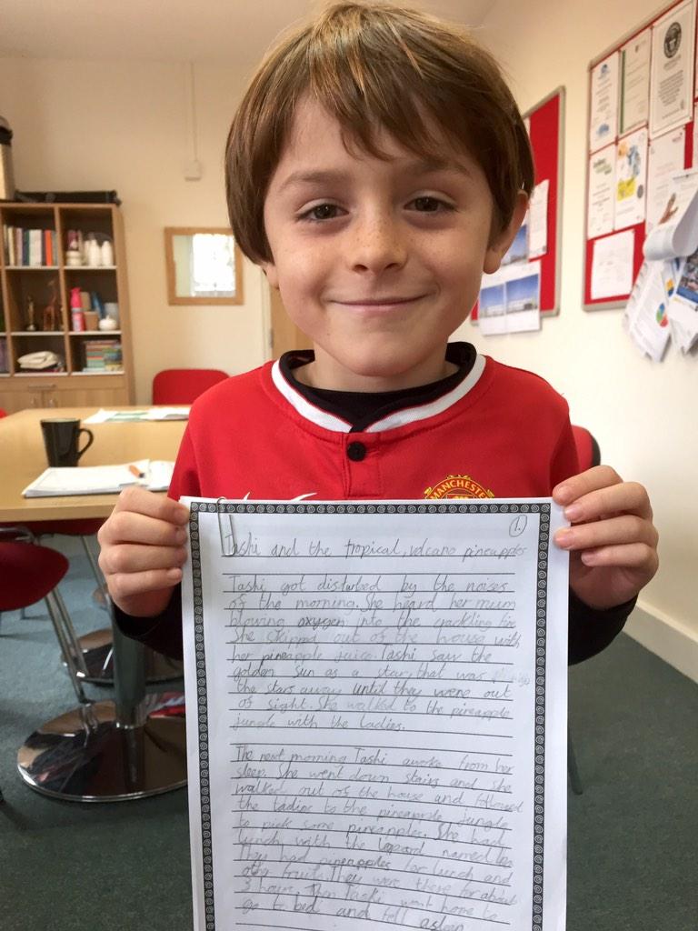 Fantastic Ernie and his amazing writing about 'Tashi and the tropical volcano pineapples' #developingfuturewriters