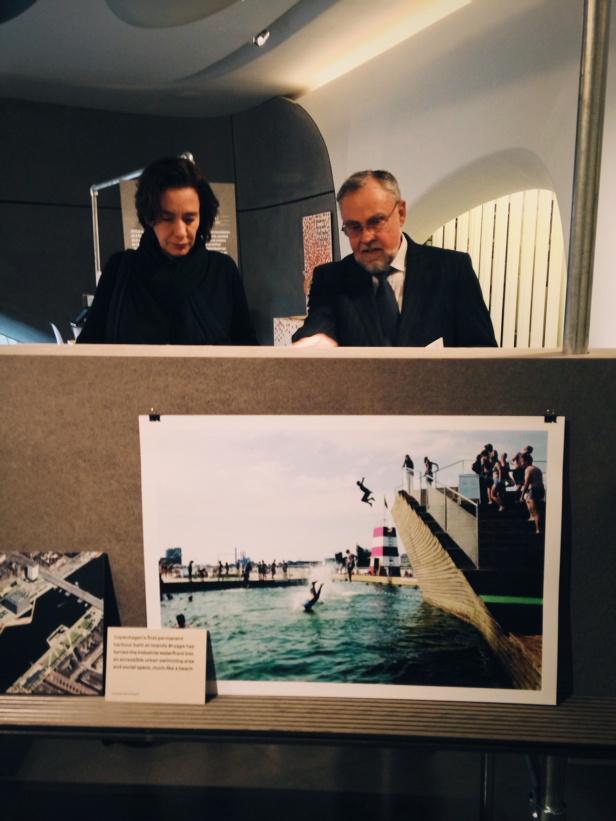 denmarkinuk's tweet photo. Danish Ambassador @GrubeClaus visits @RocaLONGallery to c #urbanplunge exhibition w Danish harbour baths @JVWITHERS http://t.co/qYUWIIauk2