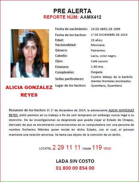 Ratn12's tweet photo. Difunde por favor pre #AlertaAmber Alicia González Reyes . Desaparecida 01/12/2014, #Queretaro . http://t.co/L3ZkR28Bwb