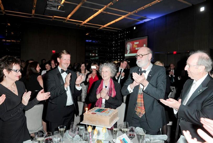 Margaret Atwood applauding Uschool Advanced Ensemble after "Happy Birthday" serenade 