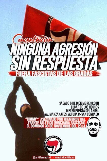 RebeldiaVK's tweet photo. ¡Ninguna agresión sin respuesta! Concentración #6D a las 18h en el lugar del asesinato de Jimmy. Ni olvido ni perdón. http://t.co/jkbBG5wDwl