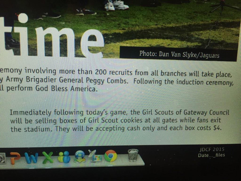bonnieupright's tweet photo. Hold. Up. Just read Sunday's #Jaguars Gameday & I see Girl Scouts will sell cookies after game. #allthethinmints http://t.co/eCgmPC3CIh