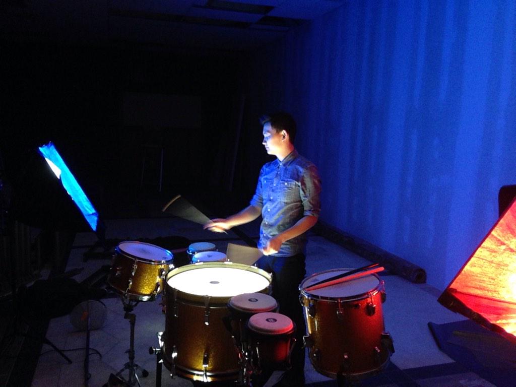 D_Worden's tweet photo. Having too much fun recording drum duo music with @samumpercussion. He's really lighting those drums up. Get it? http://t.co/BZDWVl88Ae