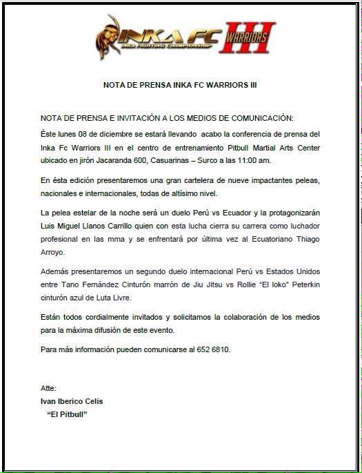 INKAFC's tweet photo. Este Lunes 8 de diciembre a las 11:00 am conferencia de prensa y pesaje de los peleadores del Inka Fc...Los esperamos http://t.co/ax9VxWwv5g