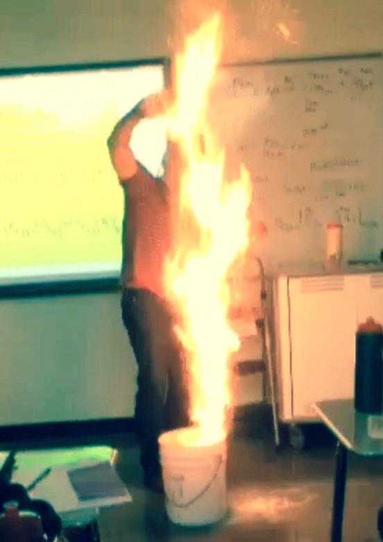 Combustion reaction demo in AP chemistry class. Powdered carbohydrate explosion.