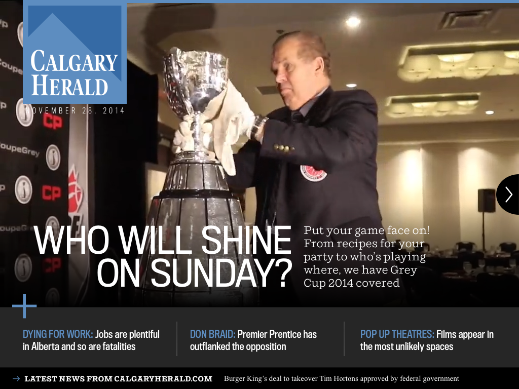 calgaryherald's tweet photo. Download our #NewCalgaryHerald free news-magazine #iPad app today! Updated 6pm MT weekenights http://t.co/yTa6jWULBz http://t.co/PRZDob42HZ