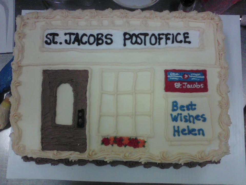 StoneCrock's tweet photo. The bakery created a sweet cake for our neighbour and retiring Postmaster Helen. http://t.co/9RkFE5M7oZ