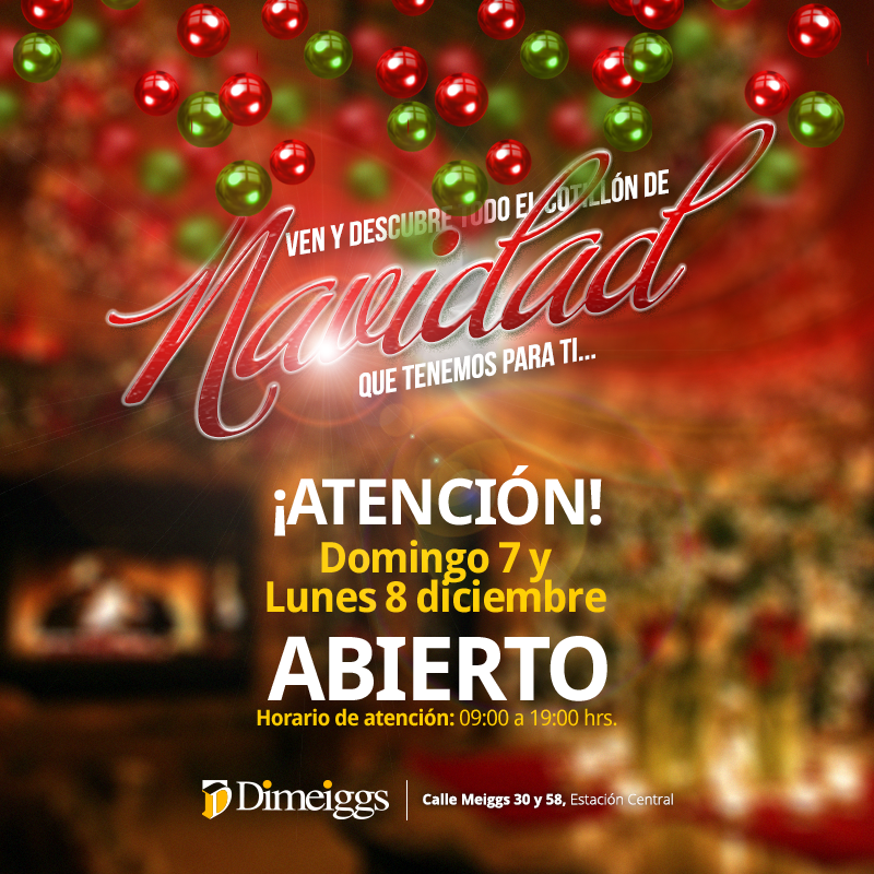 DimeiggsCL's tweet photo. Este Domingo 07 y Lunes 08 de Diciembre tendremos nuestros locales de Meiggs 30 - 58 funcionando en horario normal. http://t.co/Teb1uttomc