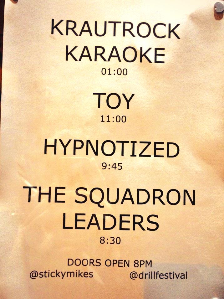 StickyMikes's tweet photo. Stage times @drillfestival #tonight @thebandtoy @HYPNOTIZEDUK @LeadersSquadron @oneinchbadge #brighton #DRILL2014 http://t.co/Bwu3ZNWtls