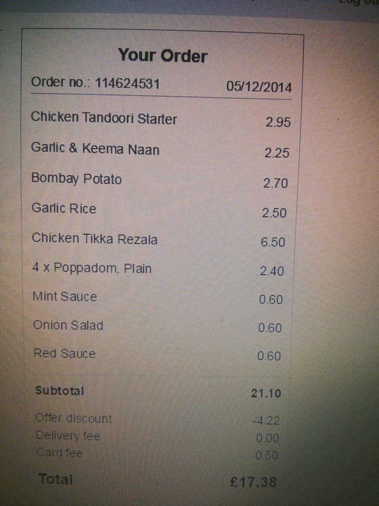 nickcook26's tweet photo. Sizeable curry order for one http://t.co/ZEHn7n1Y7I