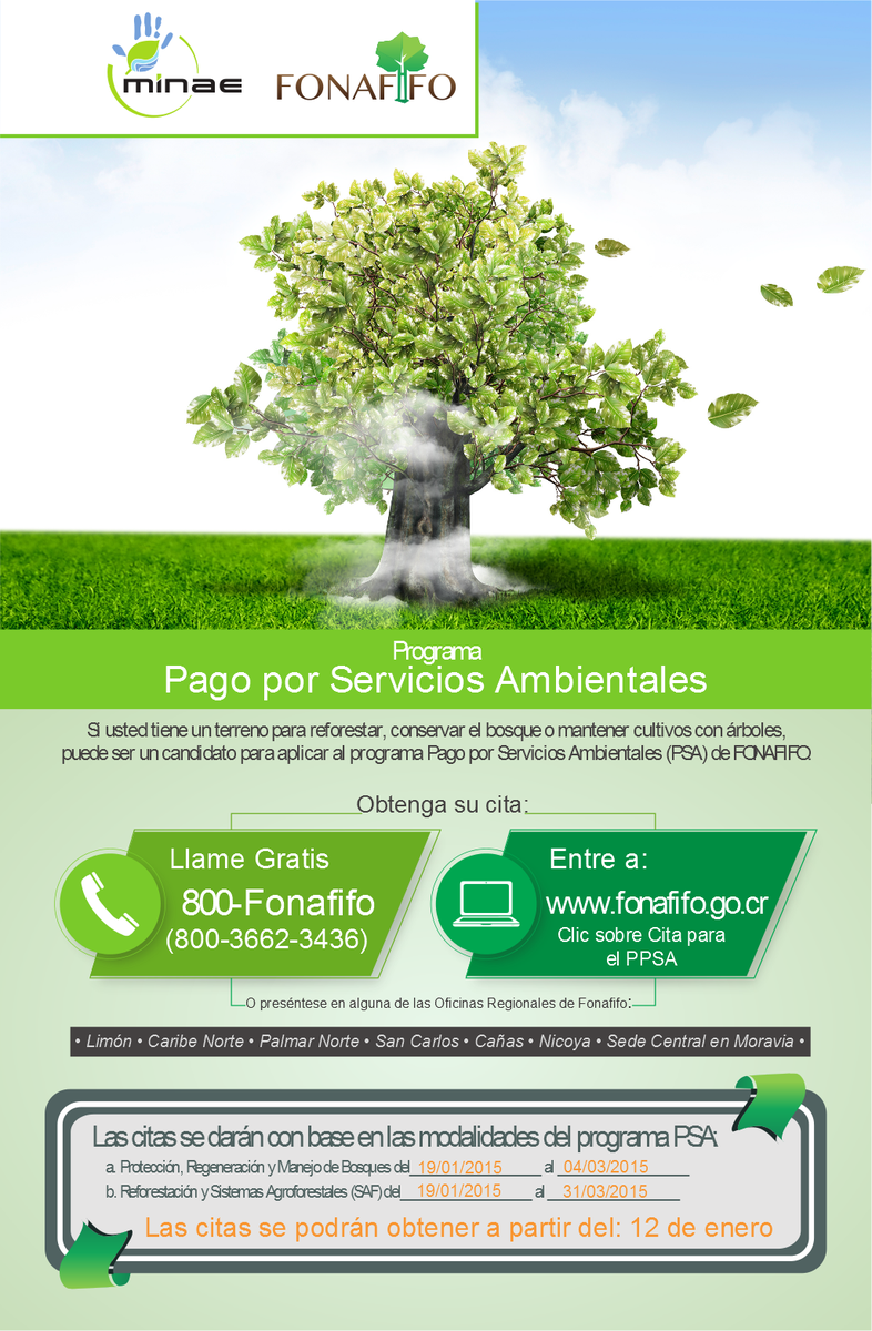 Fonafifo's tweet photo. Fonafifo comunica: A partir del 12 de enero del 2015, obtenga su cita al PSA. http://t.co/nYLM5Ri9s5