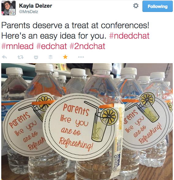 kellyrexine's tweet photo. #edidea During parent/teacher conferences add bottles of water for parents via @MrsDelz http://t.co/wnbXbf48NN