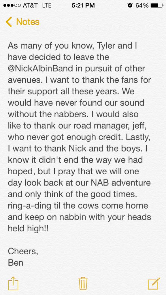 UrBuddyBen's tweet photo. Ben's public statement regarding the @NickAlbinBand breaking up: http://t.co/lfz2jmmQZH