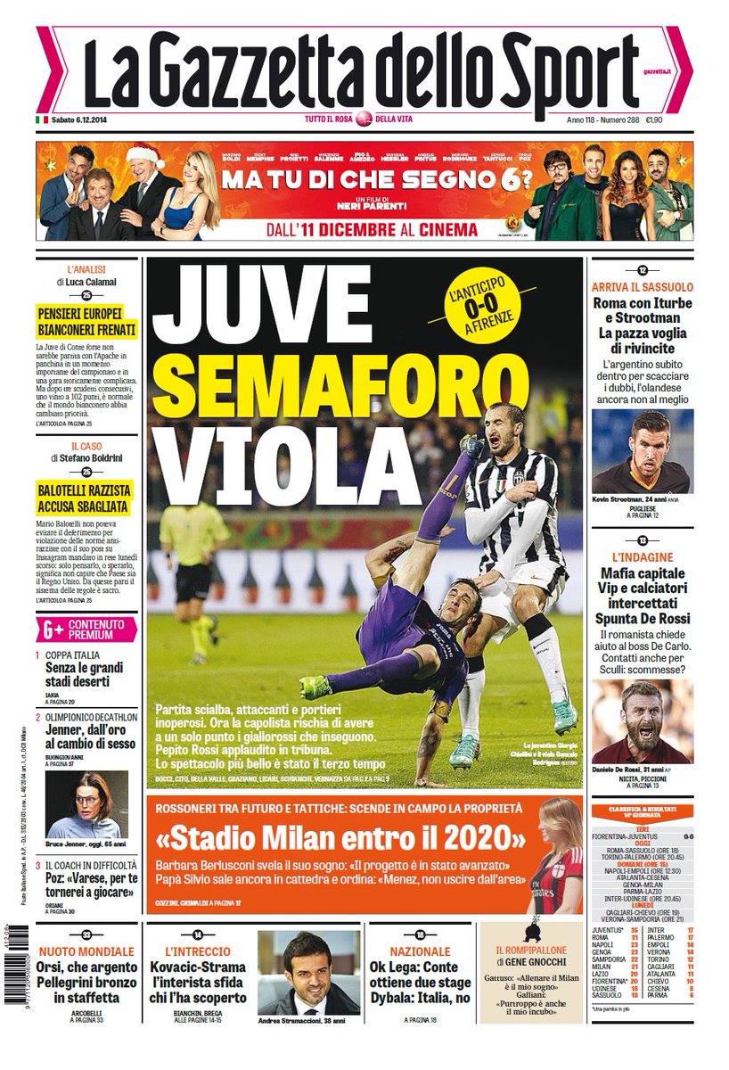 Portada de La Gazzetta dello Sport del 6 de Diciembre