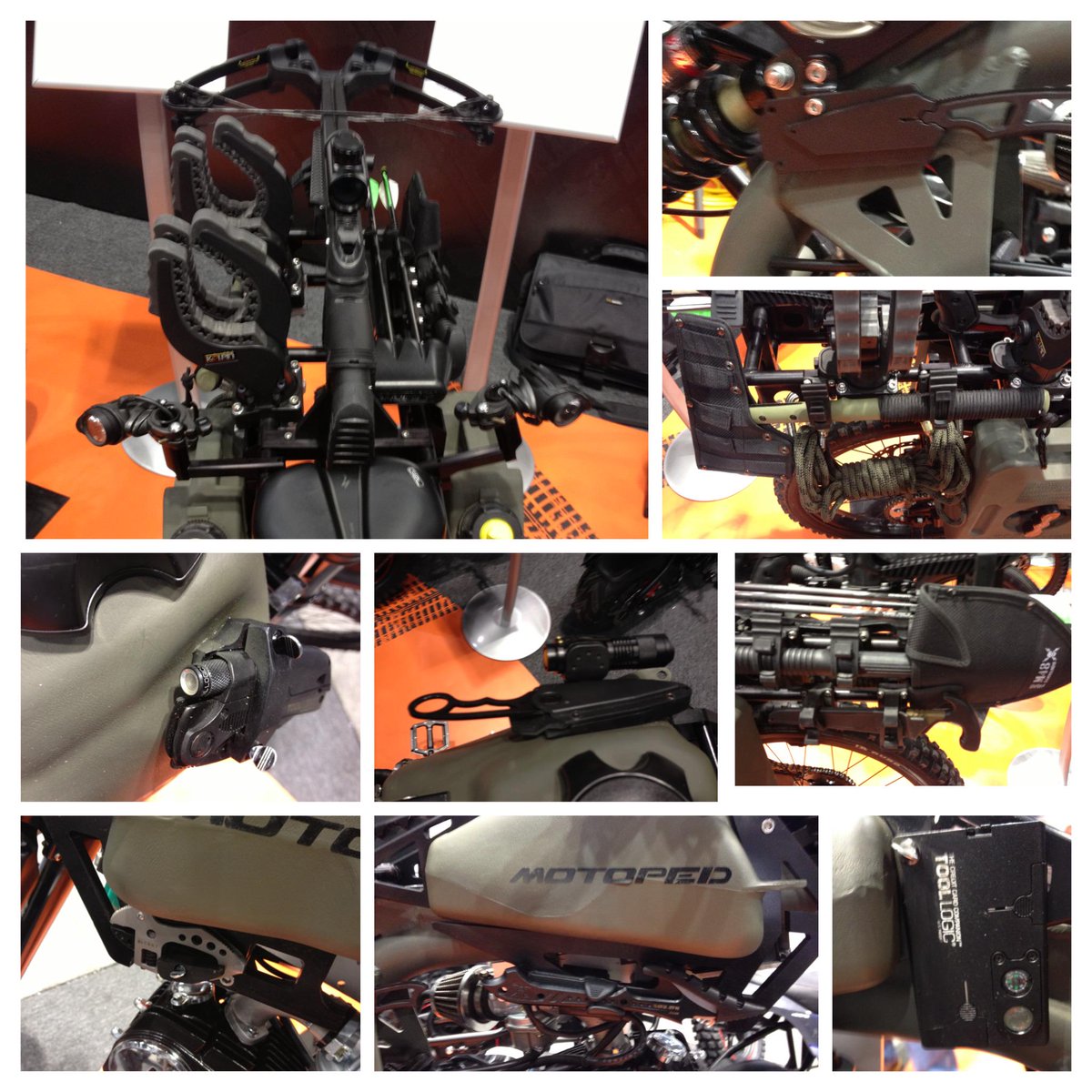 Dealernews's tweet photo. Beyond the crossbow and shotgun rack, Motoped's Black-Ops packs a hatchet and 9 knives. We found some of 'em…#DXPO14 http://t.co/sdMtGNsqA0