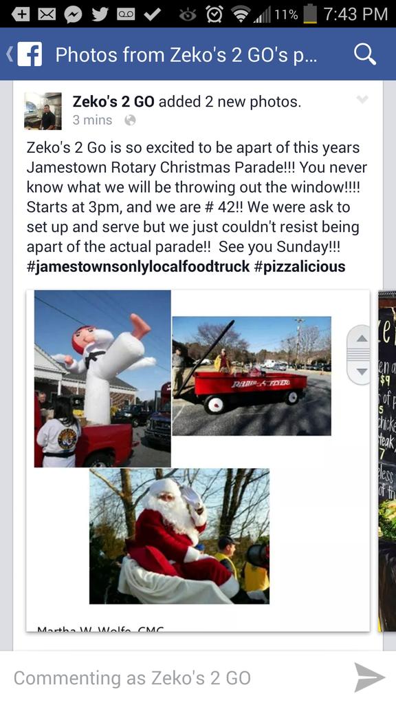 zekos_2go's tweet photo. Catch us on Sunday...Jamestown Christmas Parade!!! Starts at 3pm..We are #42... #jamestownsonlylocalfoodtruck http://t.co/dDhgjJySw8